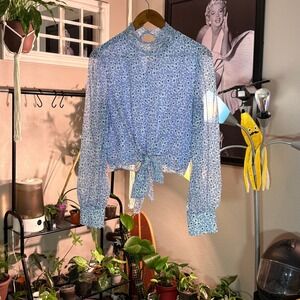 Floral Tie Front Blouse Sheer Long Sleeve Blue White Trendy Top